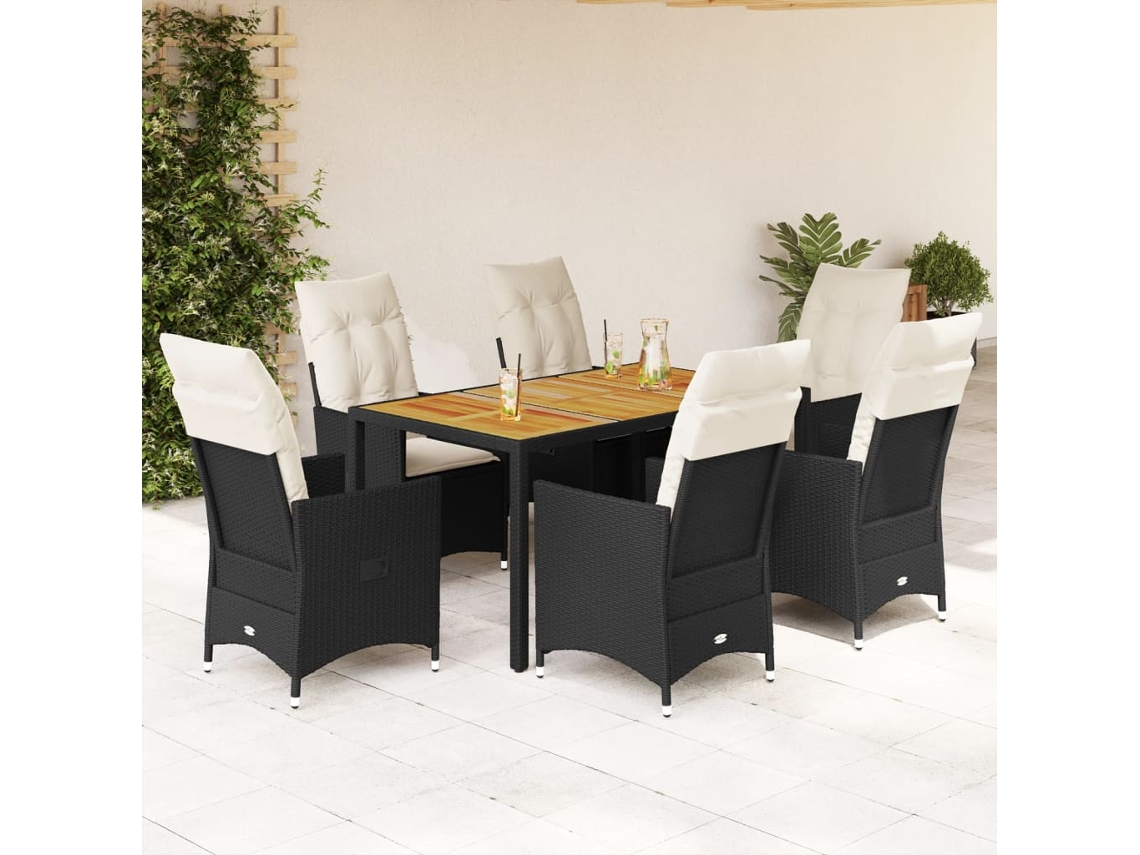 Vidaxl 7 Pcs Conjunto De Jantar P/ Jardim C/ Almofadões Vime Pe Preto