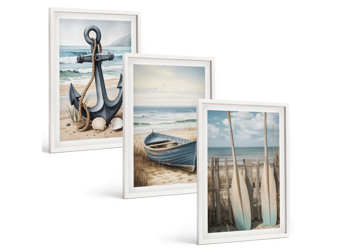 Conjunto De Pinturas Âncora, Barco, Remos, Praia Moldura Branca Pinturas De Quarto Espelharte (3 Piezas De 40x60 Cm)