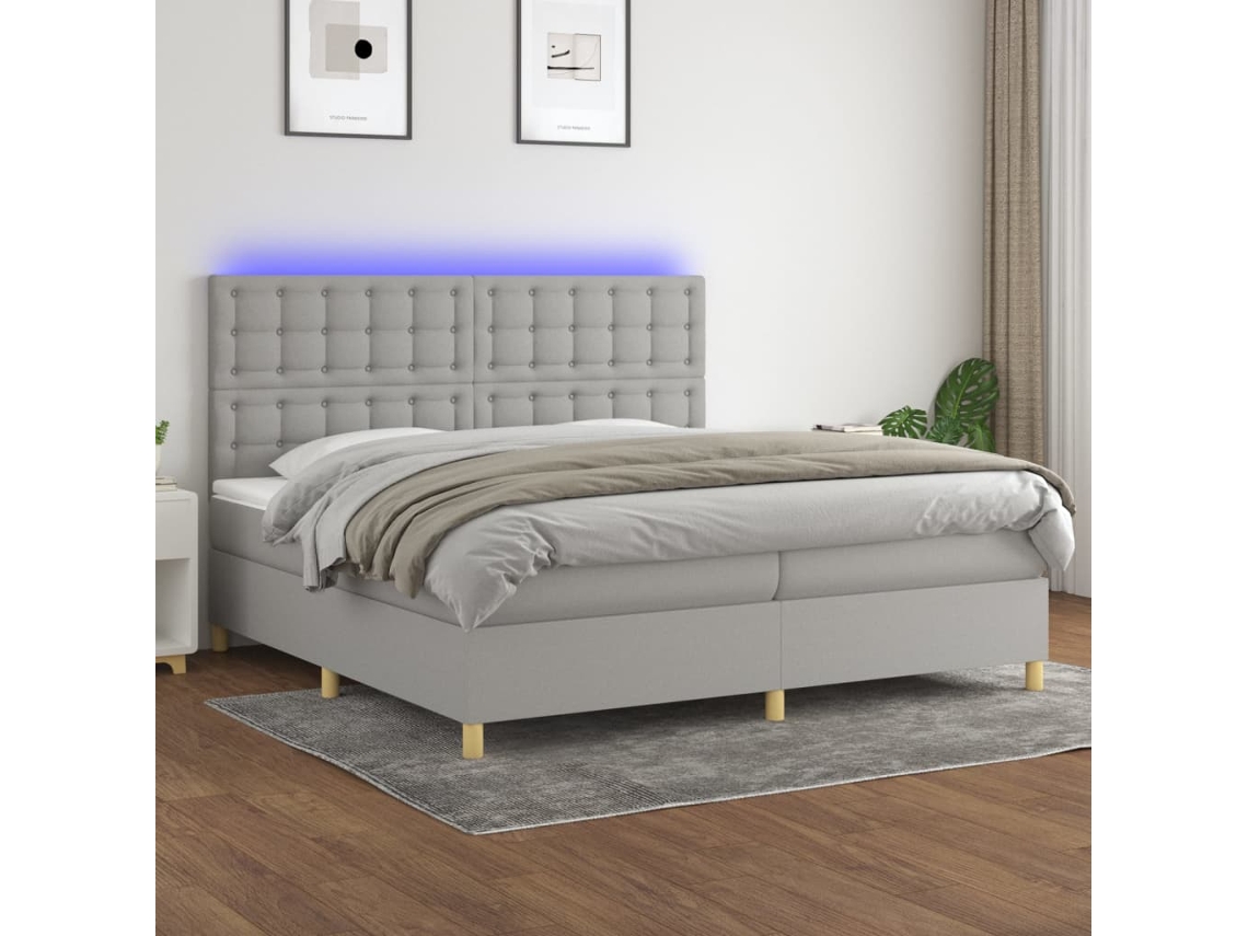Vidaxl Cama Box Spring C/ Colchão e Led 200x200 Cm Tecido Cinza claro