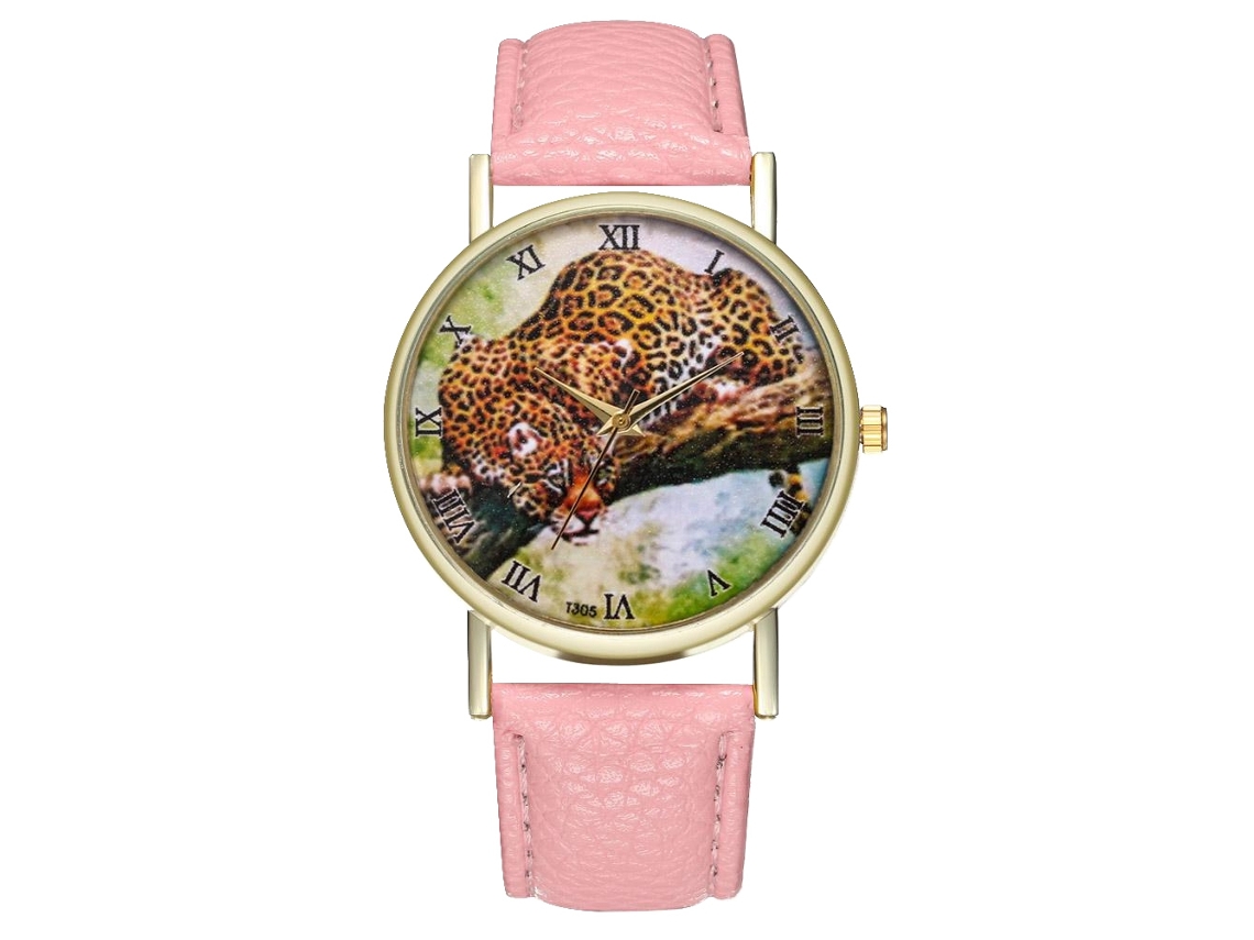 Relógio de Pulso Unissex de Moda com Pulseira de Couro Pu Padrão Leopardo Preto