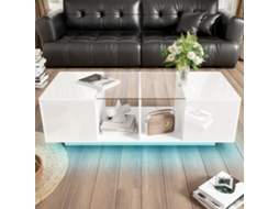 Mesa De Centro Com Led Multicolorido 2 Portas Rebatíveis E Prateleira Em Vidro Branco Estilo