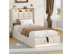 Cama De Solteiro 90x200cm Bege Com Arrumação Hidráulica Cabeceira Estofada Em Lino Luzes Led Rgb E Portas Usb/type-c - Design Moderno E Funcional