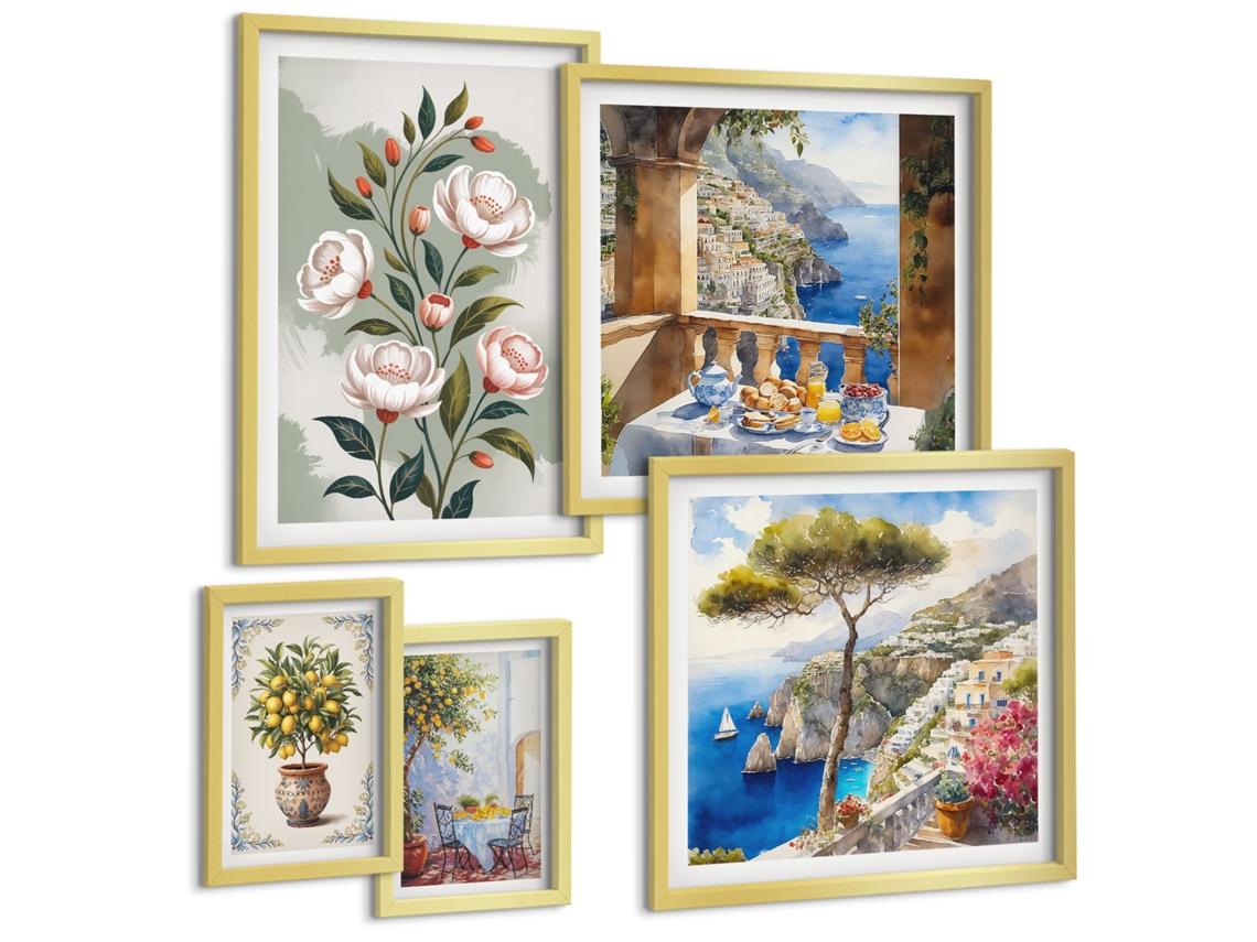 Galeria De Pinturas Murais Flores De Limão, Vista Para O Mar Moldura Dourada Fotos Para O Escritório Espelharte (conjunto De 5 Imagens)