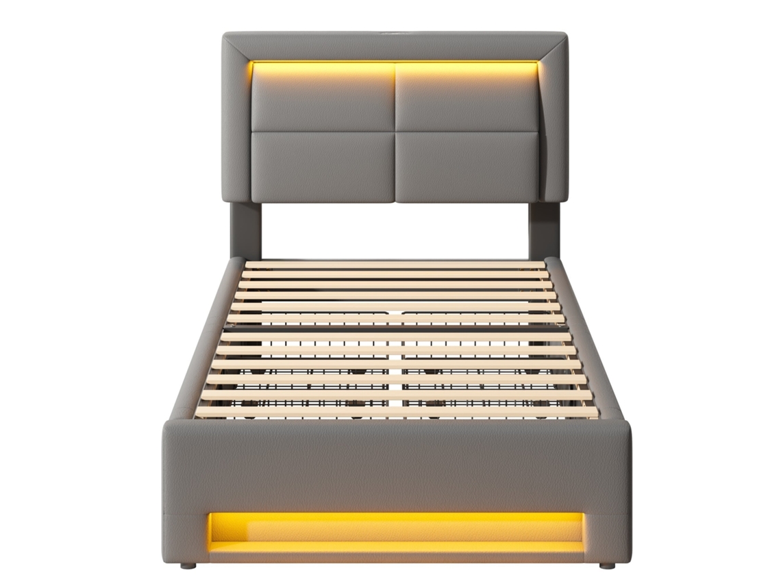 Cama simples 90x190cm, com 4 gavetas, LED, USB, carregamento sem fio, cabeceira acolchoada, cinza, KOMHTOM