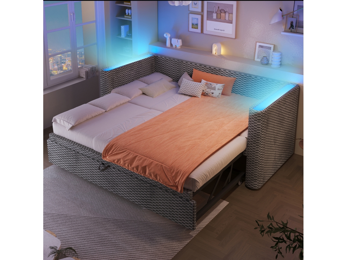 Cama De Dia 90x200/180x200 Cm Com Led, Colchão Samt Cinza
