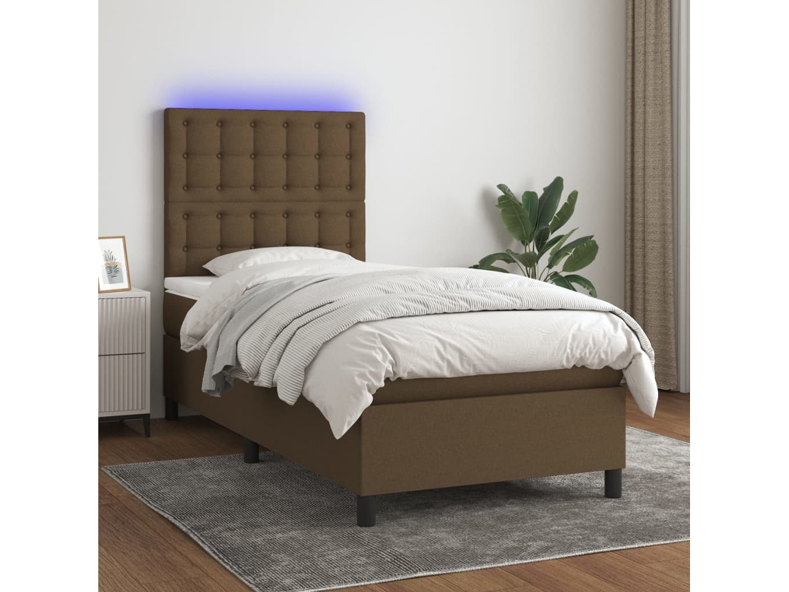Vidaxl Cama Box Spring C/ Colchão/led 90x200 Cm Tecido Castanho escuro