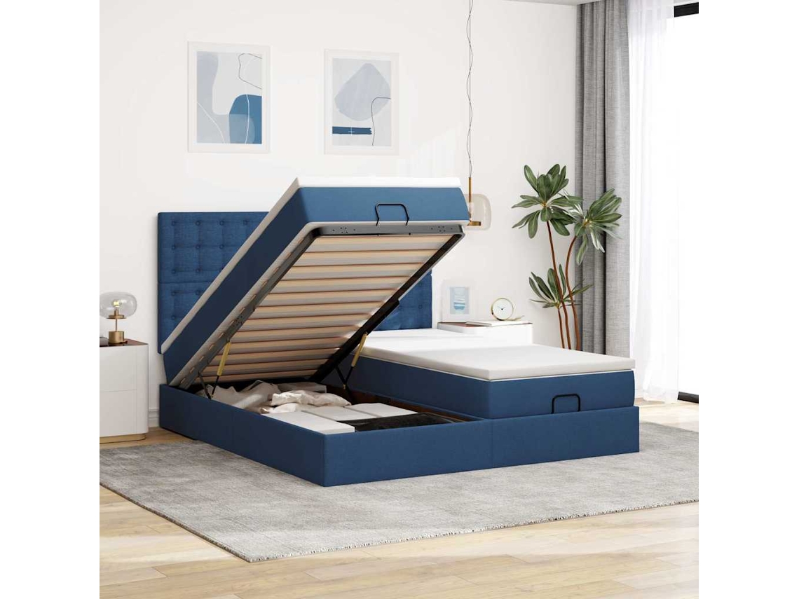 Vidaxl Estrutura De Cama Otomana Com Colchões 200x200cm Tecido Azul