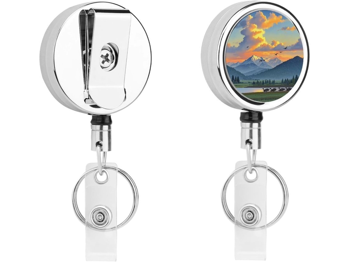 Clipes metálicos Crachás, porta-crachá retrátil com paisagem de montanha, porta-cartão de identificação com clipe.