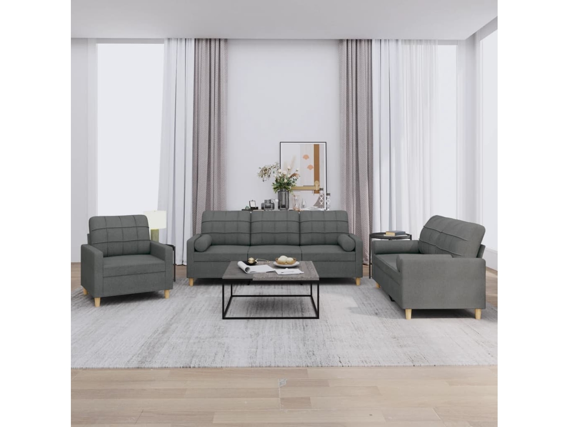 Vidaxl 3 Pcs Conjunto De Sofás Com Almofadas Tecido Cinzento-escuro