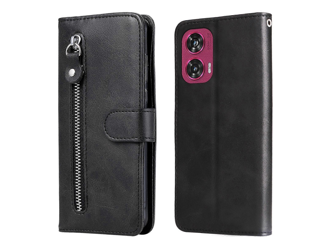 Capa Tipo Carteira Com Zíper E Textura De Bezerro Em Couro Sintético, Preta, Para Motorola Edge 50 Fusion 5g