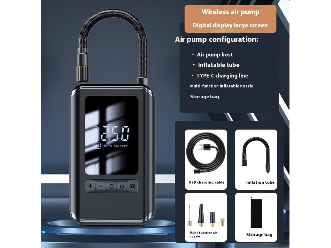 Compressor de ar portátil preto de 150 psi para pneus de carro com liberação automática, manômetro digital, luz de emergência LED e bomba para carro.