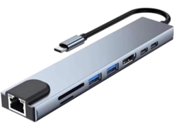 Hub Adaptador Usb 8 Em 1 Tipo-c 3.1 Para Hdtv 4k Com Leitor De Cartão
