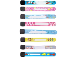 Conjunto de 8 pulseiras anti-perda em PVC com espaço para informações, ideais para passeios escolares e festas infantis.
