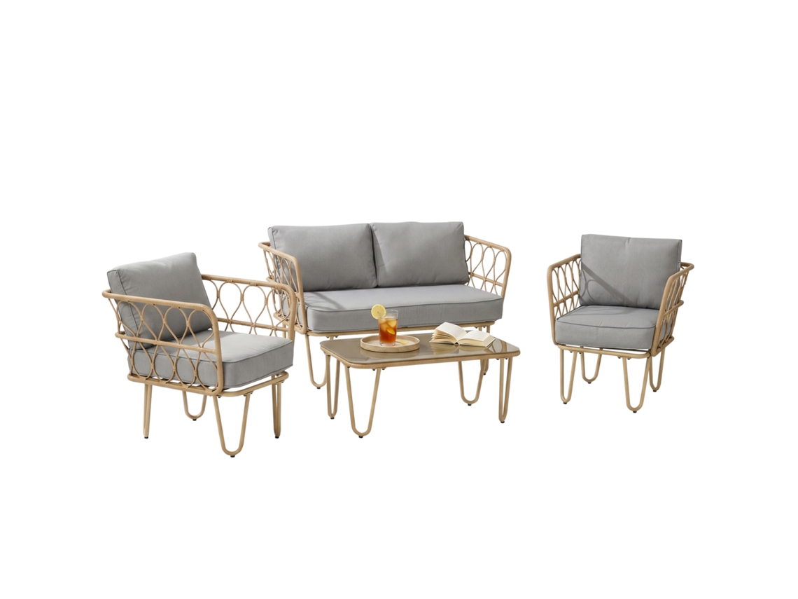 Conjunto De Jardim De 4 Peça Vime Pe, Poliéster, Espuma, Aço Cor Natural E Cinza Claro 129x71,5x69 Cm Outsunny
