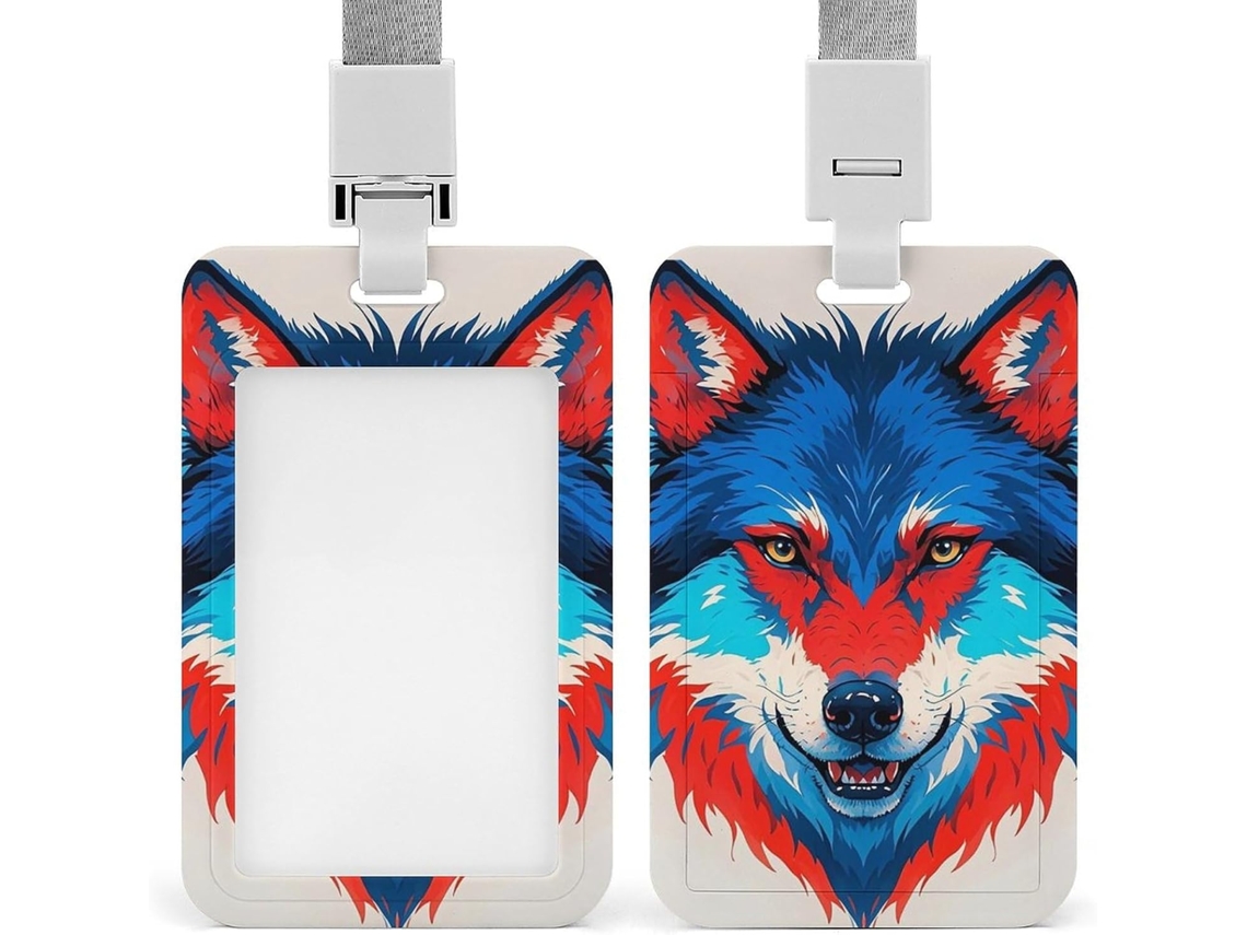Porta Crachá Com Cordão Em Aquarela, Azul, Vermelho, Rosto De Lobo Vermelho, Porta Crachá Divertido Crachás, Capa