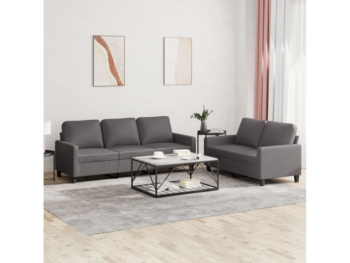 Vidaxl 2 Pcs Conjunto De Sofás C/ Almofadões Couro Artificial Cinzento