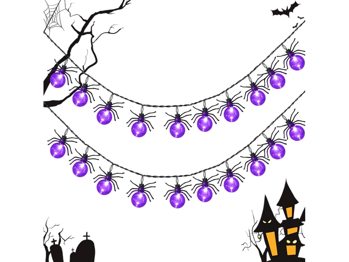 Cordão de luzes LED com aranhas vermelhas para decoração de Halloween, para uso interno e externo.