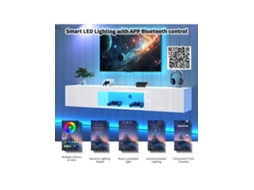 Suporte De Tv Para 70 Polegadas, Branco Brilhante, 160x31x22cm, 30kg De Carga, Com Led E Controle Por Bluetooth, Montagem Na Parede Quenty