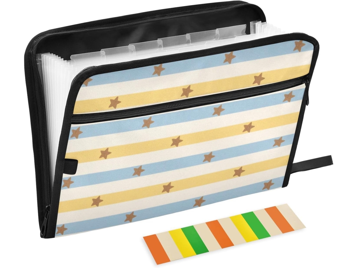 Pastas Expansíveis Amarelas Com Design Retrô Listrado, 13 Bolsos, Tamanho A4 Carta Com Fechamento Em Zíper, Pastas