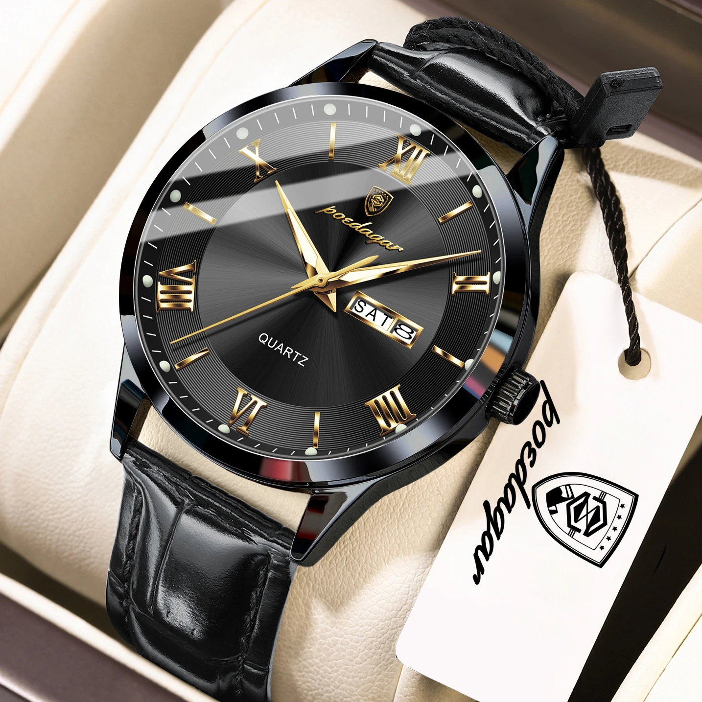 Relógio de pulso masculino elegante de quartzo (preto) com exibição de dados e dia da semana, relógio de negócios masculino de alta qualidade.