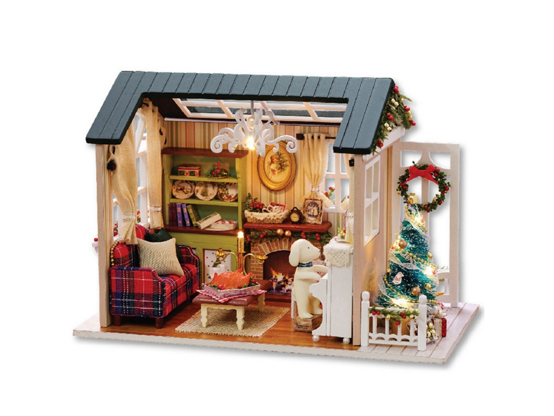 Casa de Boneca em Madeira Miniatura Diy com Luz Led para Crianças Montagem Manual