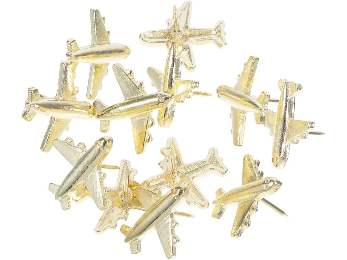 Tachinhas Douradas Em Formato Avião, 12 Unidades, Liga Zinco, Fácil De Usar Para Mapas E Quadros Cortiça No