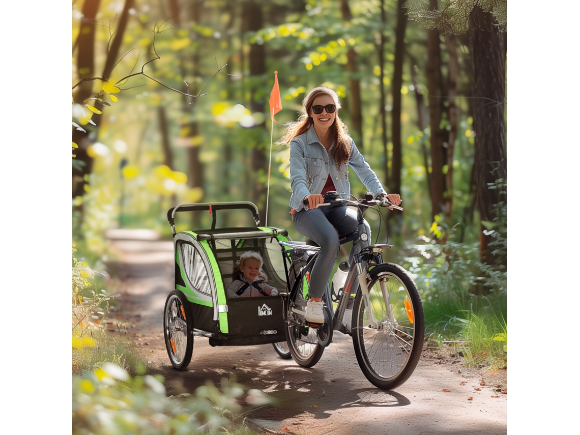 Trailer de Bicicleta 2 em 1 para Duas Crianças, com Função de Deslizar, Proteção Contra Chuva, Freio e Cor Verde