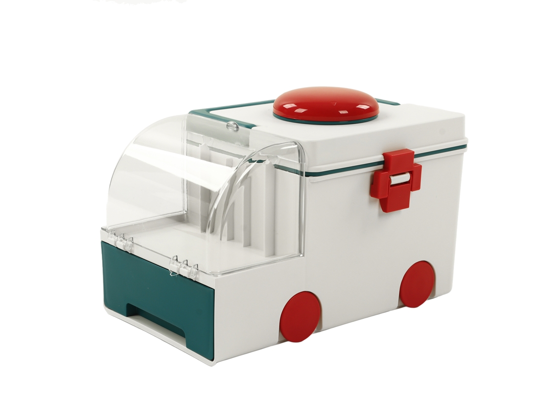 Caixa de Remédios Forma de Ambulância Bonita de Duas Camadas com Alça Portátil Verde