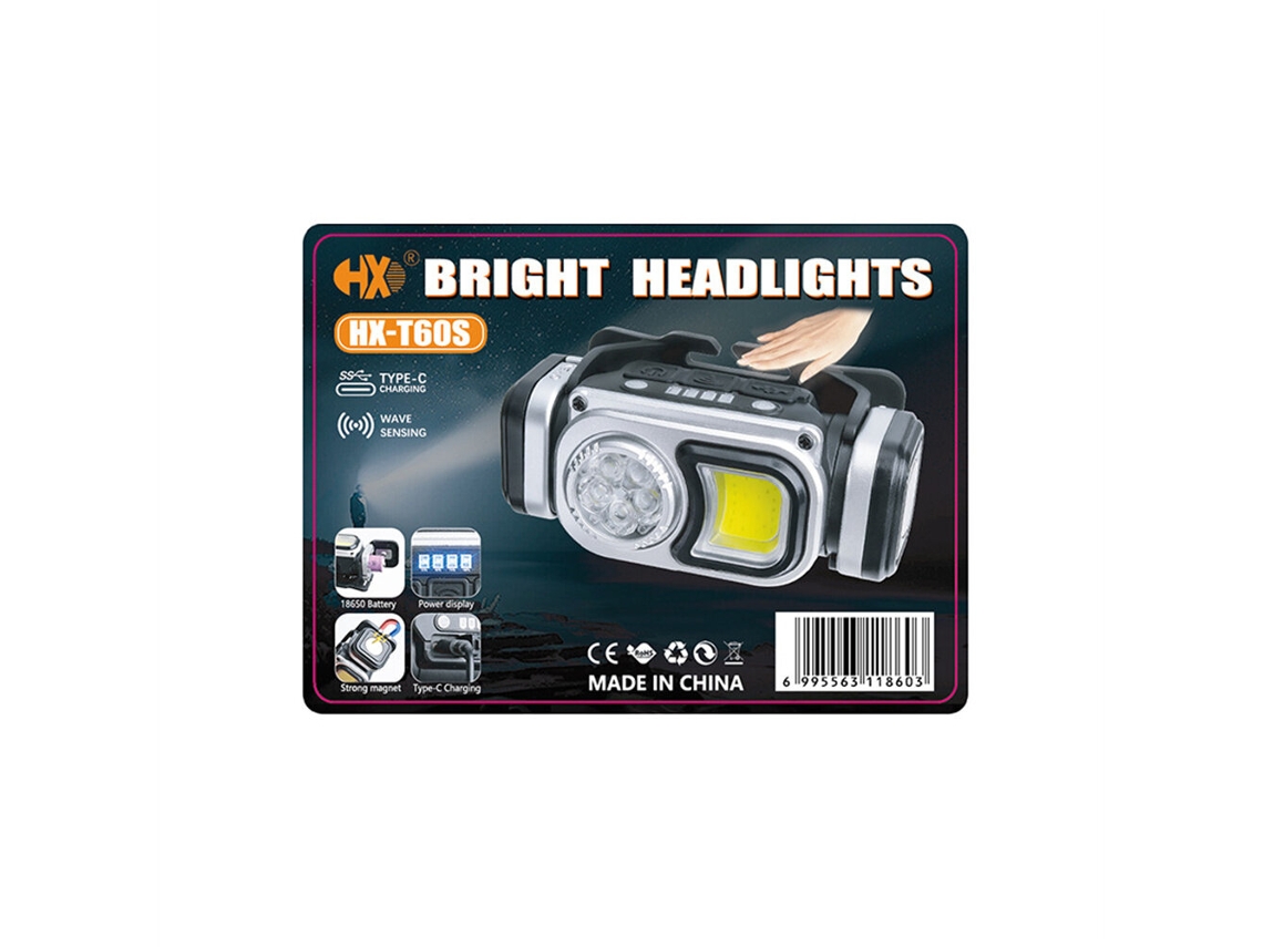 Lanterna De Cabeça Portátil E Recarregável T60sbikight Mini Cob/led Com Sensor Bateria 18650 Integrada Ideal Para Camping Pesca E Camping