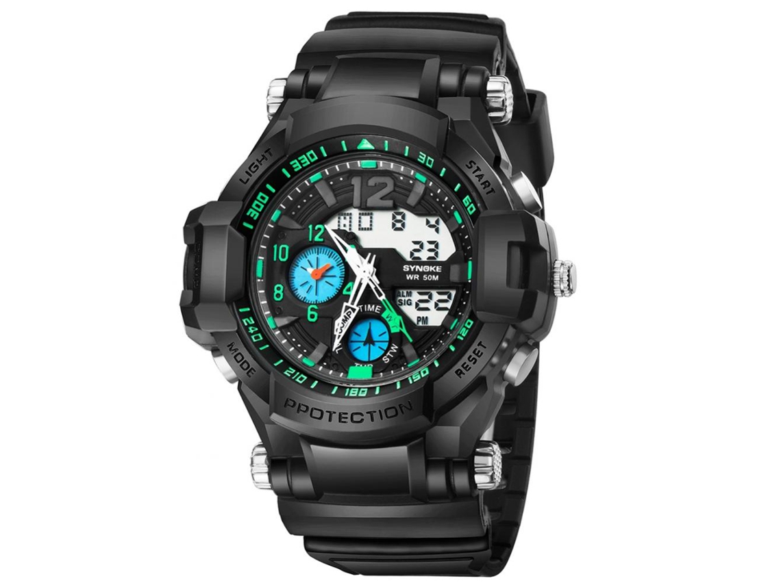 Relógio esportivo multifuncional Synoke para homens e estudantes, pulseira eletrônica, preto e verde.
