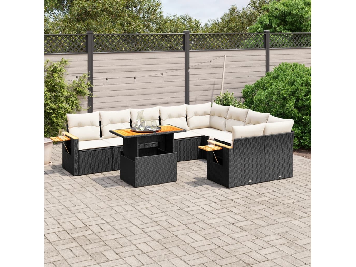Jogo de Sofá Jardim 10 Peças C/ Almofadões Vime Pe Preto Dkd Home Decor
