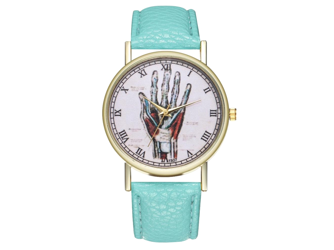 Relógio de quartzo casual unissex com pulseira de couro PU e mostrador redondo verde menta.