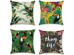 Conjunto De 4 Capas De Almofada Com Flamingos E Plantas Tropicais - 45 X 45 Cm, Capas De Almofada Decorativas Em Algodão E Linho Para Sofá, Carro E De
