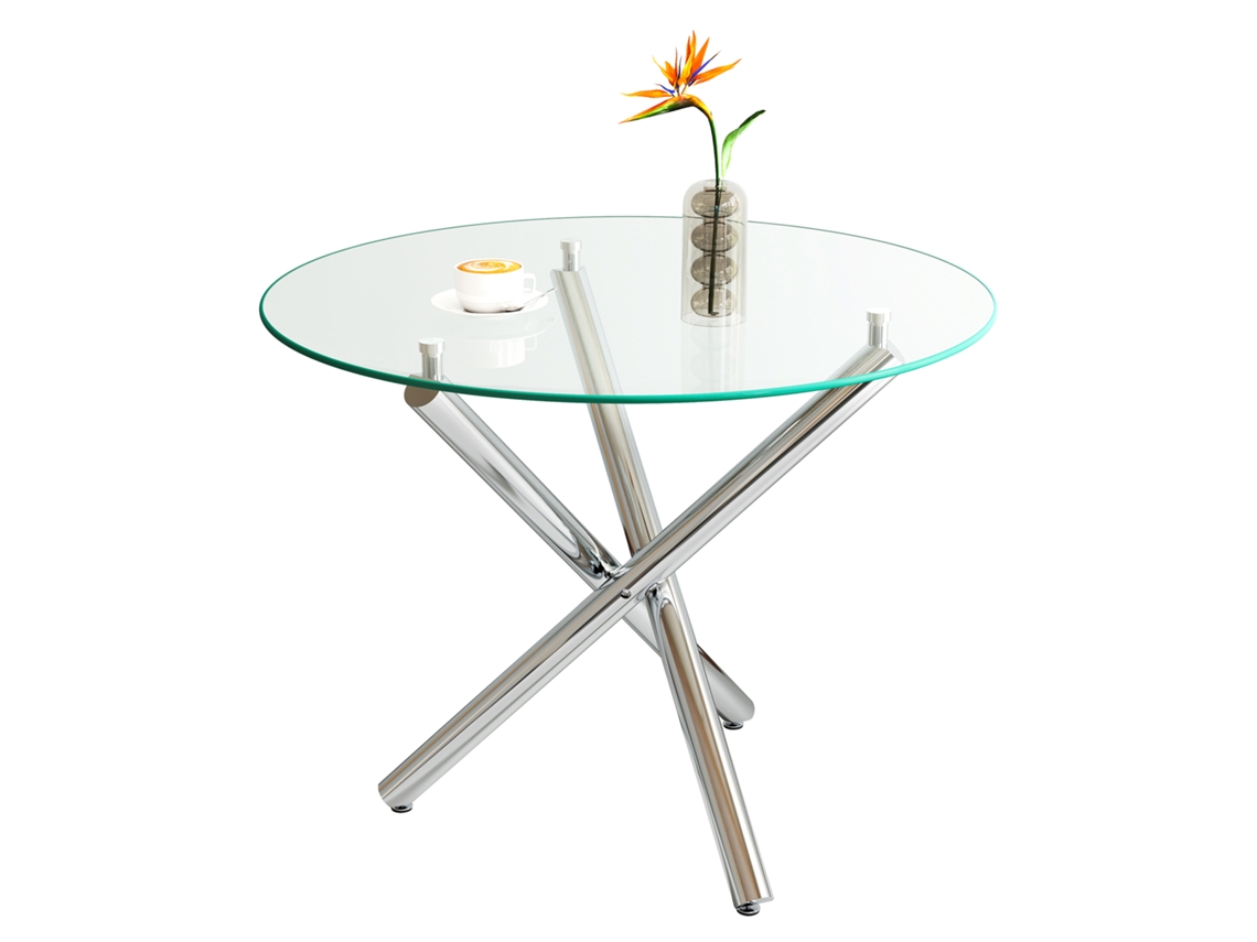Mesa Redonda Tampo Vidro Temperado Pés Metálicos Design Minimalista Moderno 80×80×76cm