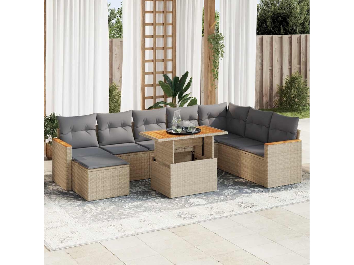 Vidaxl 9 Pcs Conjunto Sofás Jardim com Almofadões Vime Pe/acácia Bege