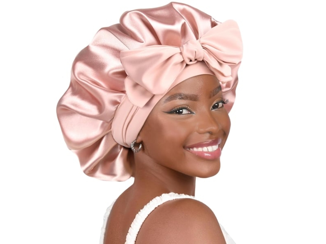 Touca de dormir feminina Aquaforge com forro de seda e cetim, faixa dupla, cabelo cacheado natural, rosa