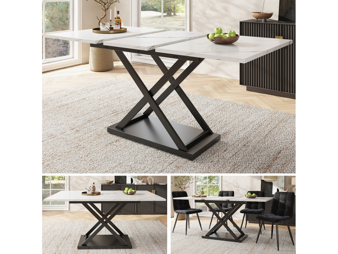 Mesa De Jantar Telescópica 120-160x80cm, Pernas Metal Cruzadas Preto, Mármore Branco-mh