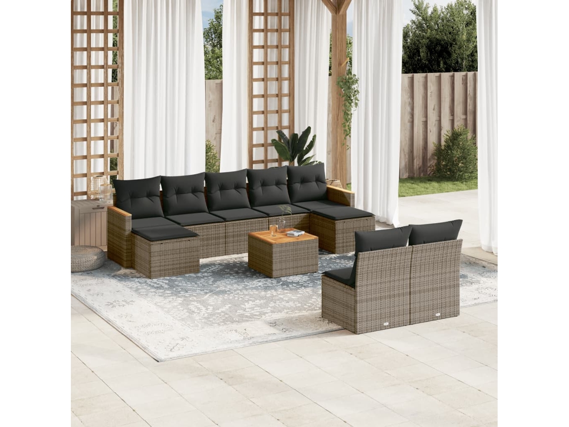 Vidaxl 10 Pcs Conjunto Sofás De Jardim C/ Almofadões Vime Pe Cinzento