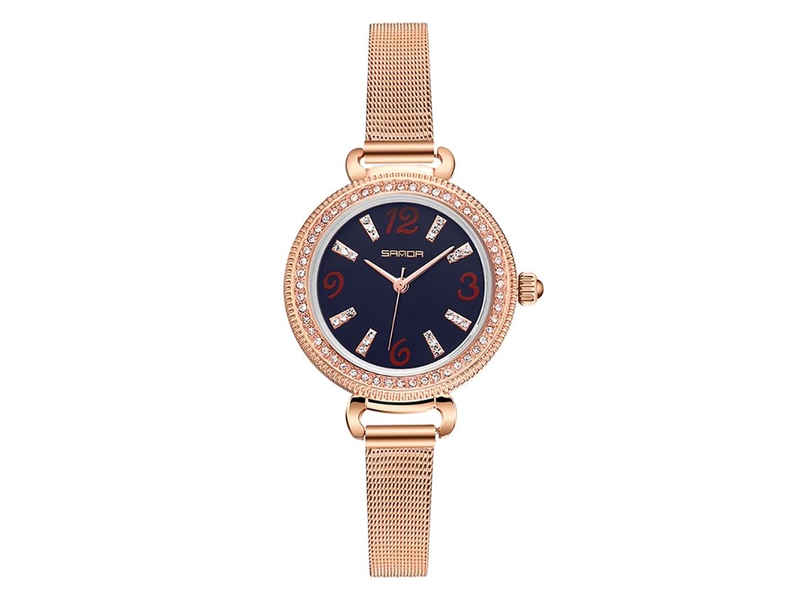 Relógio de Pulso Feminino Vintage Quartzo com Cinto de Aço Rosa Dourado+azul Strass
