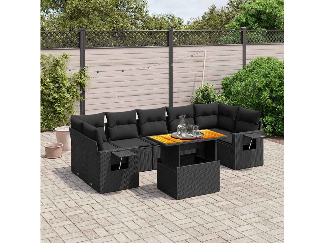 Vidaxl 8 Pcs Conjunto Sofás De Jardim Com Almofadões Vime Pe Preto