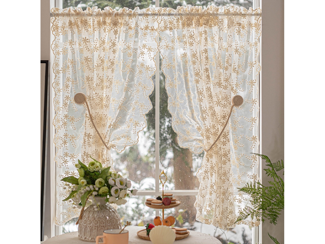 Cortinas De Gaze Bordada Em Tons De Creme E Bege, Cortinas De Renda Ondulada, Cortinas Semitransparentes Para Janelas Em Arco (1 Par, 140x100cm)