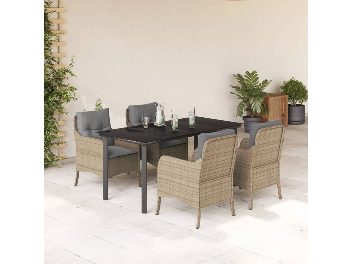 Vidaxl 5 Pcs Conjunto De Jantar P/ Jardim Com Almofadões Vime Pe Bege