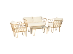 Conjunto jardim, sofá 2 lugares, 2 poltronas, mesa de vidro, 7 almofadas ecru | S/MARCA