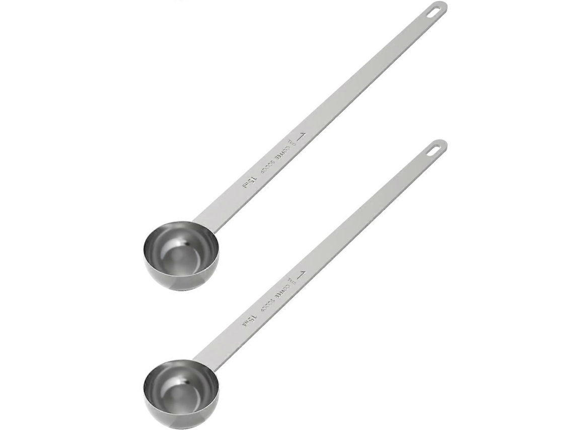 Conjunto De 2 Colheres Medidoras Café Com Cabo 24 Cm, Capacidade Para Duas Sopa (15 Ml) Em Aço Inoxidável.