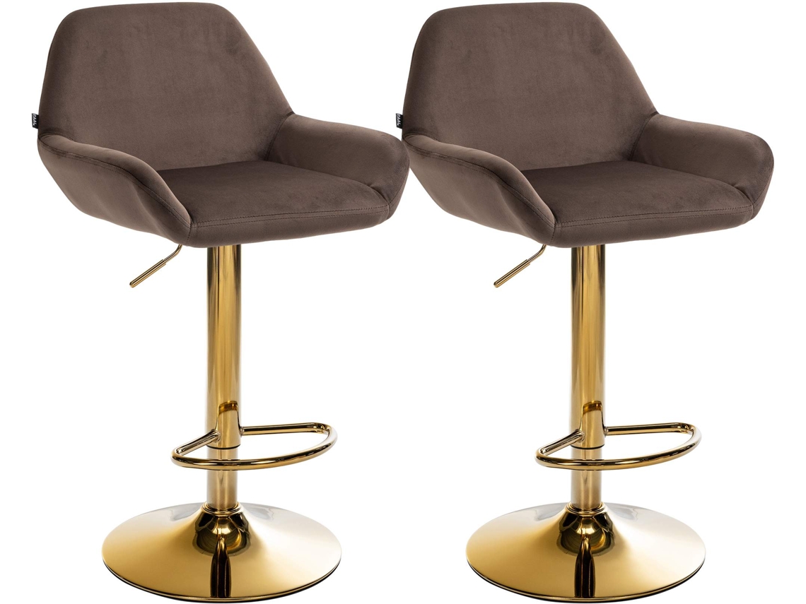 Lote de 2 bancos de bar Repose-pieds Intégré Revêtement Velours Brown Estrutura En Métal Doré Tdb10736