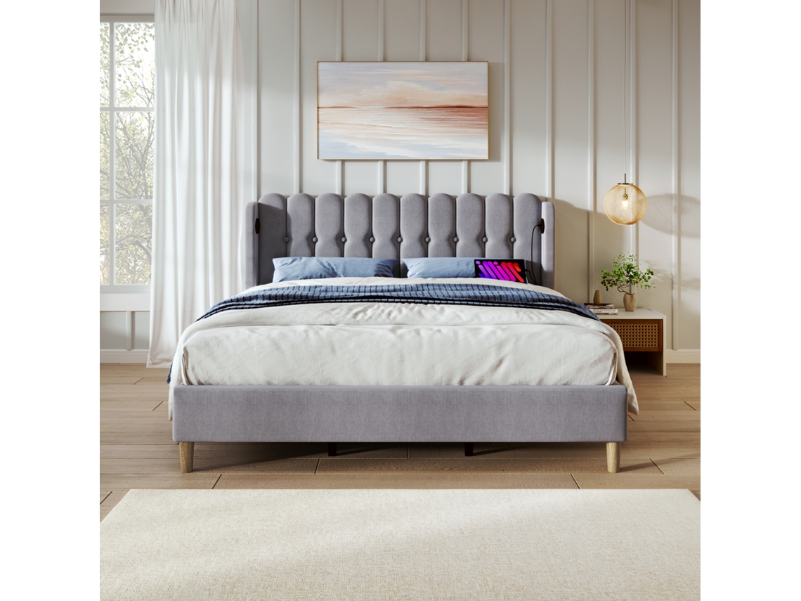Cama Estofada 160x200cm Portas Usb, Tipo C, Ripas, Linho, Casal, Cinza KOMHTOM