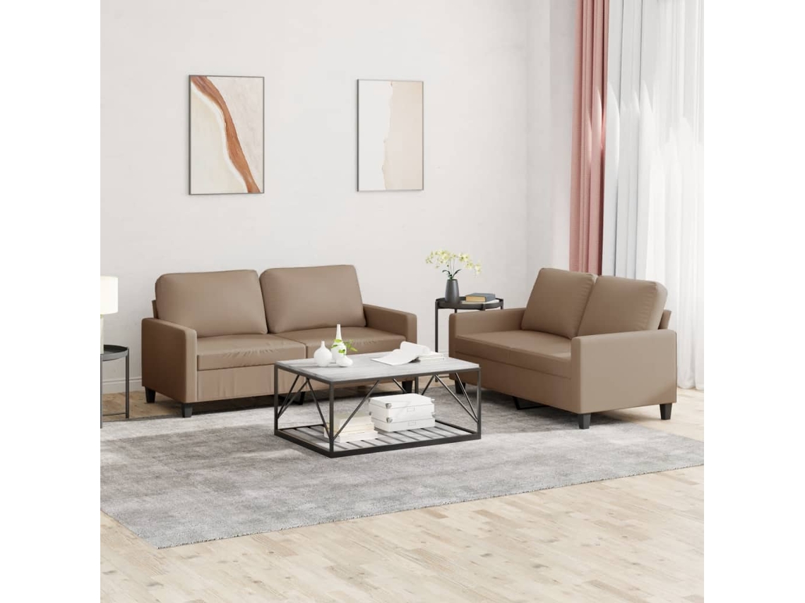 Vidaxl 2 Pcs Conjunto Sofás C/ Almofadões Couro Artif. Cor Cappuccino