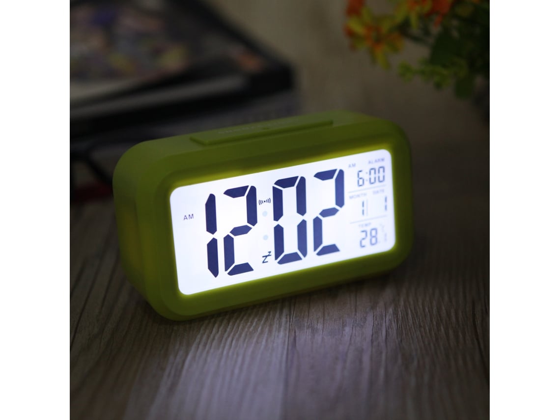 Despertador digital LED Baok-reloj com função soneca, sensor de luz de fundo, hora, data, temperatura e na cor verde.