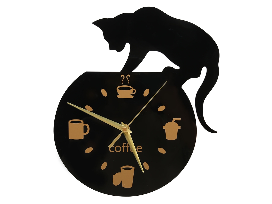 Relógio de parede silencioso Baok para cozinha, com efeito 3D de gato e café, em acrílico durável, sem moldura, à prova d'água, com design simples para escritório.