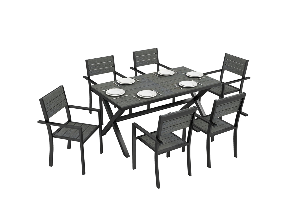 Conjunto de Jantar Exterior 7 Peças para 6 Pessoas, Mesa e Cadeiras em Alumínio com Ripas Efeito Madeira, Cinza PROFESIA BOYANG